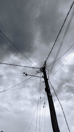 a black and white photo of a telephone pole