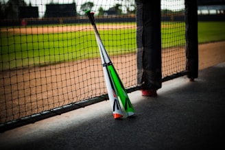 a baseball bat leaning against a fence on a baseball field