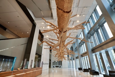 A large, intricately detailed suspended sculpture resembling a tree with numerous branches extends through a modern and spacious lobby with high ceilings and floor-to-ceiling windows. The lobby features a wooden reception desk on the left, illuminated by numerous ceiling lights, and seating areas with black chairs on the right.