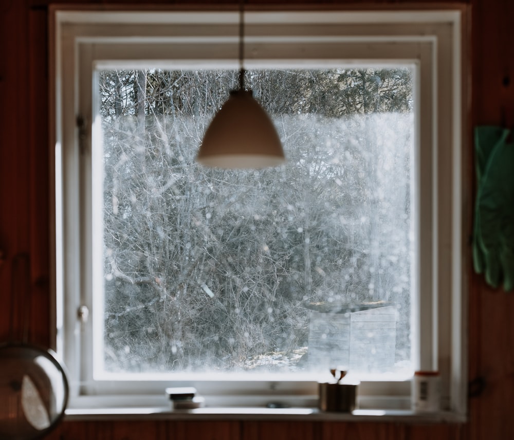 a window with a view of a snowy forest outside