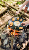 A close-up of a campfire cooking setup with marshmallows roasting on sticks.