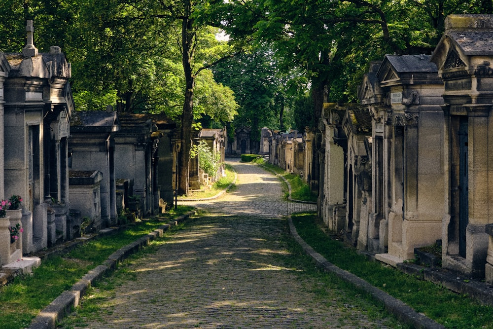 an old cemetery with a stone path leading to it