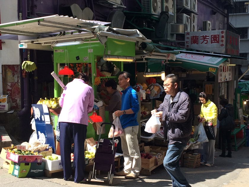 Vendor stalls at a busy Hong Kong street market
