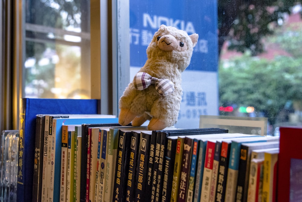 a stuffed animal sitting on top of a book shelf