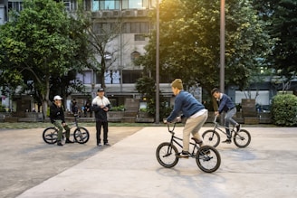 A group of people are engaging in a casual gathering at an outdoor skatepark. Two individuals are actively riding BMX bikes while two others stand nearby with one sitting on a bike, possibly watching or taking a break. The backdrop consists of trees and an urban building, suggesting a park or plaza location.