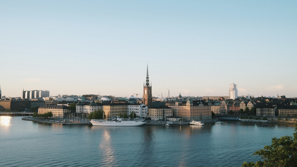 a large body of water with a city in the background