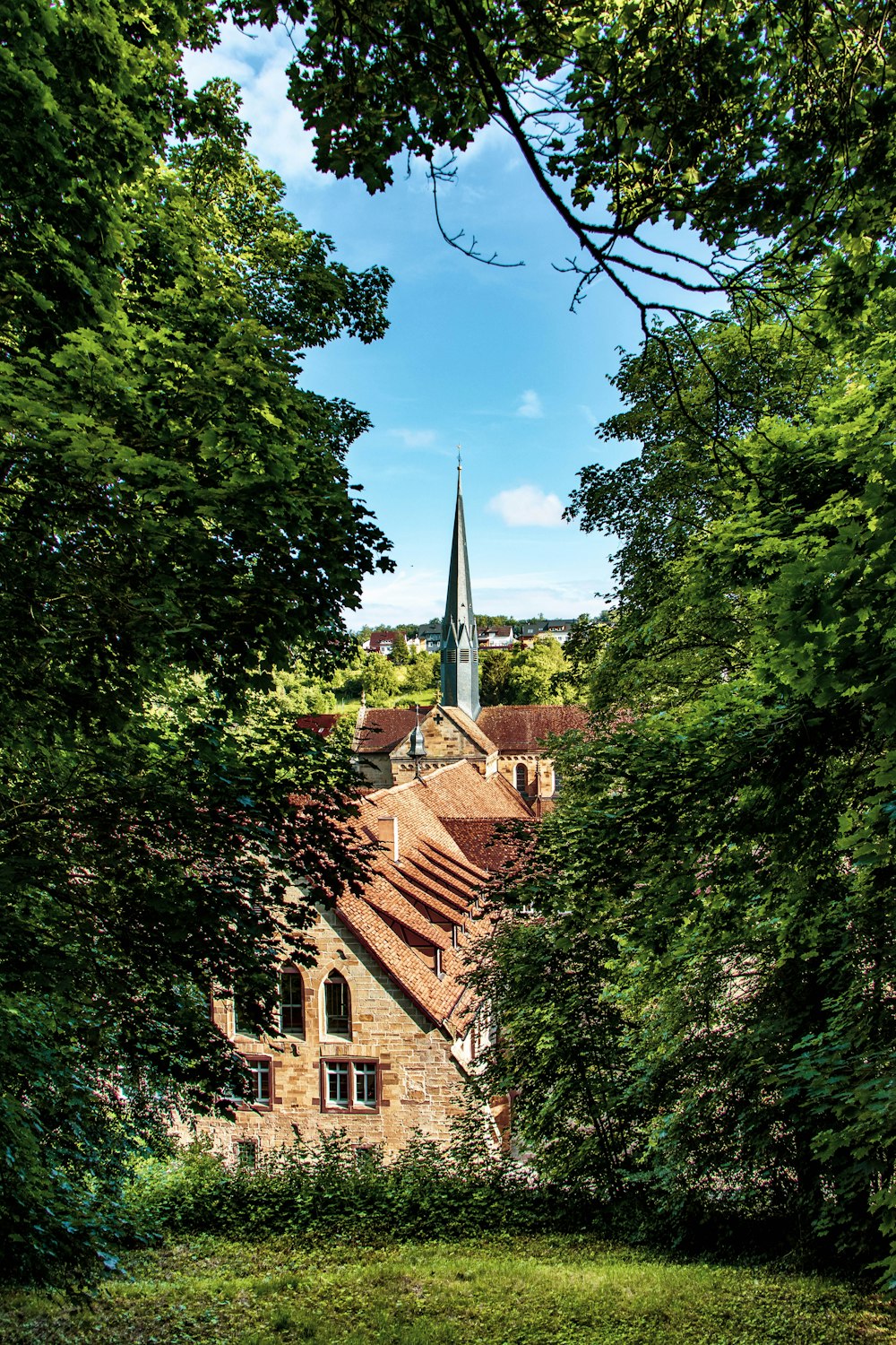 a church with a steeple surrounded by trees