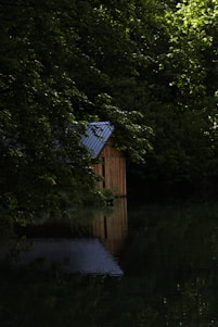 Modern corrugated steel retreat nestled among eucalyptus trees by the calm Blackwood River at sunset.