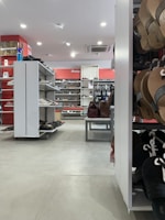 A shoe store with a variety of footwear on display, including sandals, formal shoes, and casual shoes. The shelves are neatly organized, and there is a section with handbags. The store has white shelving units and bright overhead lighting, with a red accent on the back wall displaying branded signage.