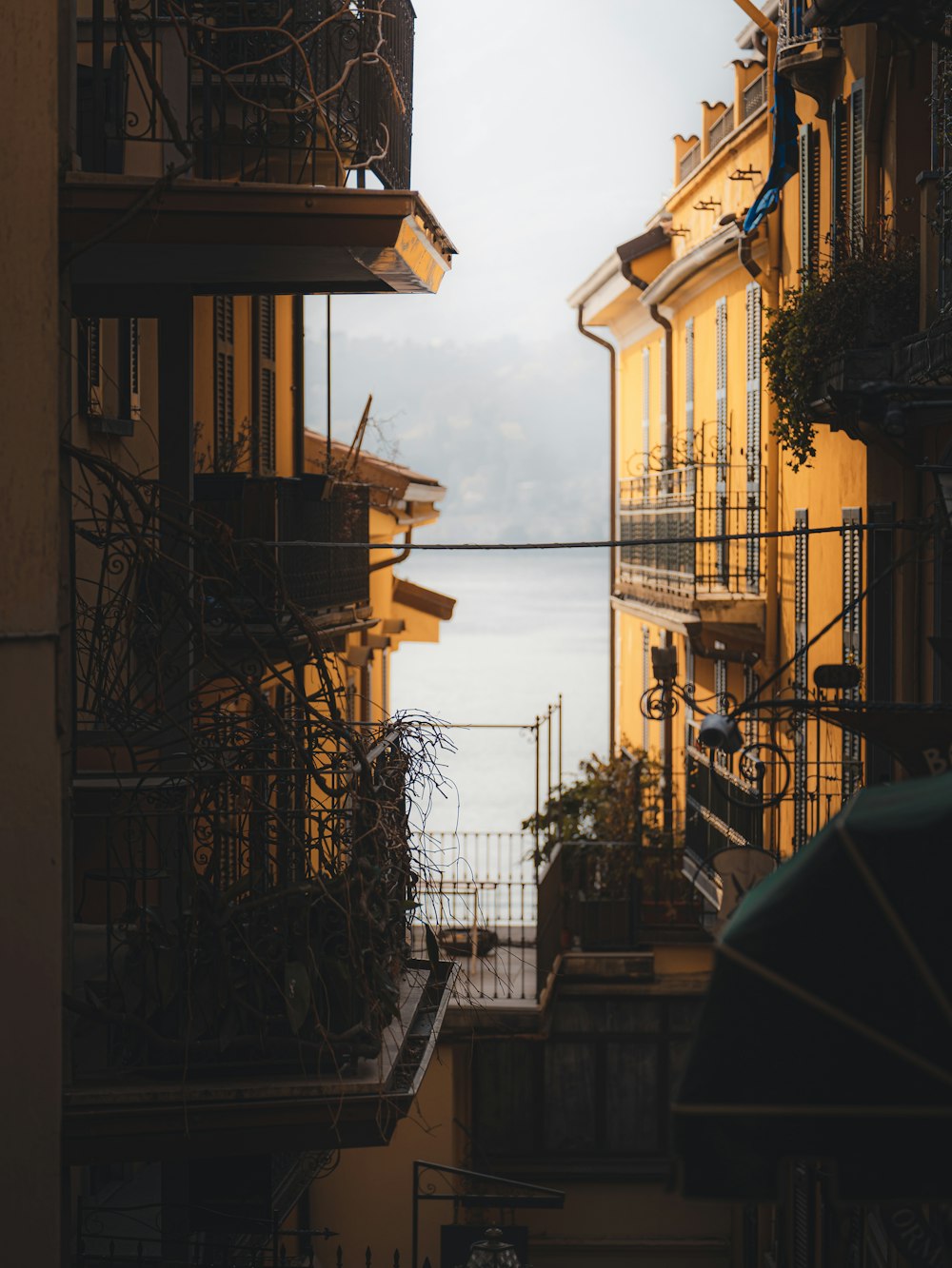 a view of a city street with buildings and a body of water in the distance