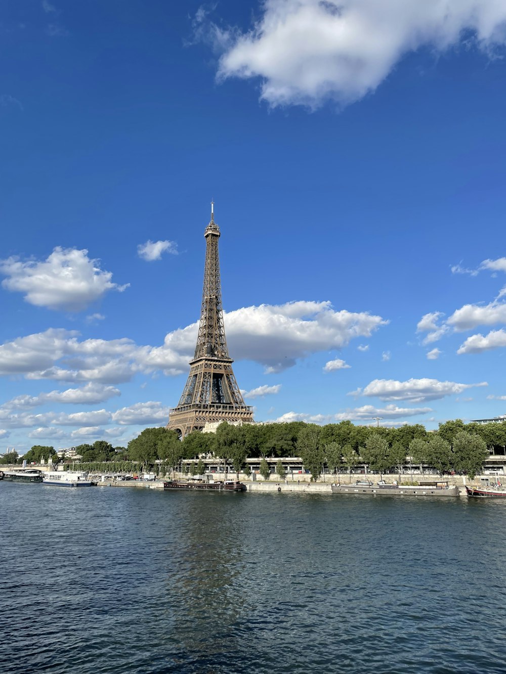 a view of the eiffel tower from across the river