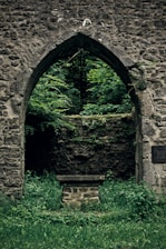An ancient stone archway covered in moss, hinting at forgotten stories beyond.