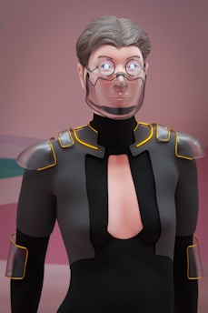 A stylized 3D character with short, gray hair, and round glasses stands in front of a soft, pink and teal background. The character is wearing a futuristic black suit with metallic shoulder armor and yellow accents. The facial expression appears neutral but the glowing white eyes give an intense and possibly eerie impression.