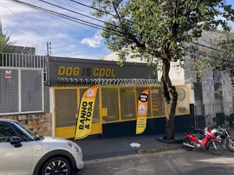 A storefront with the name 'Dog is Cool' prominently displayed in yellow letters. The entrance is secured with a mesh gate and features two bright orange banners advertising services such as 'Banho & Tosa.' A tree stands on the sidewalk next to the entrance. A white car and two red motorcycles are parked on the street in front of the building, which is surrounded by a fence with barbed wire at the top.