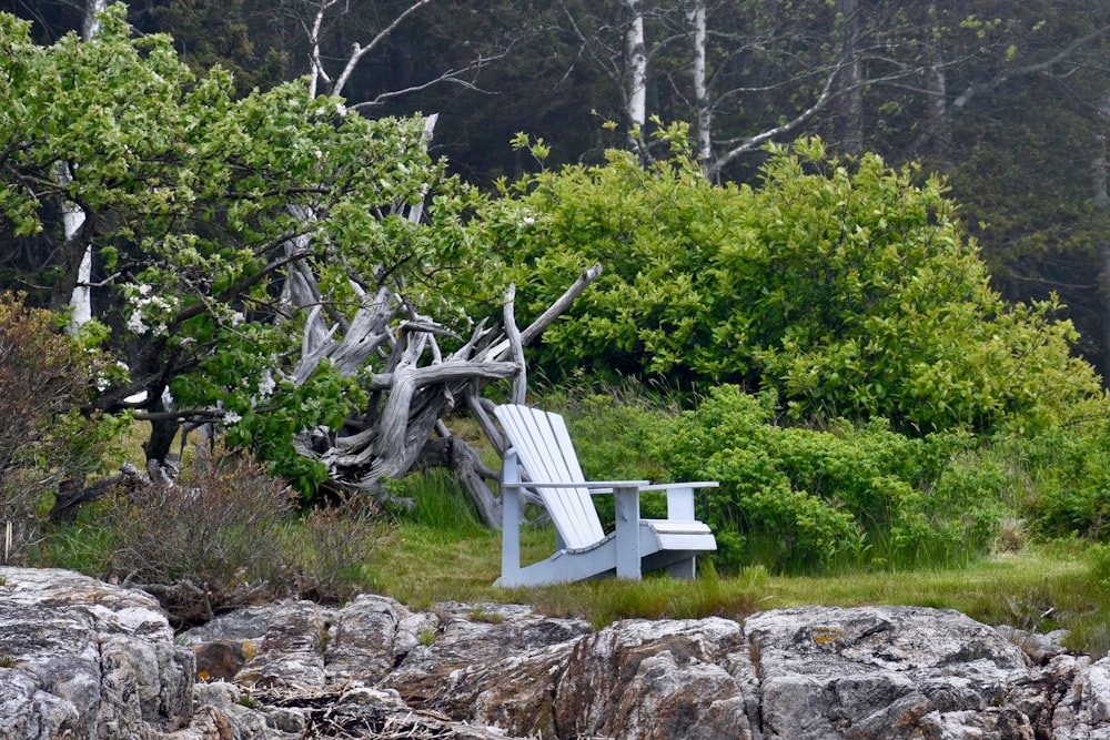 a white bench sitting on top of a lush green field