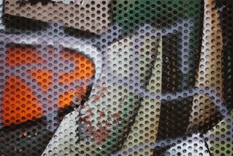 An abstract piece by Santini that reflects urban culture.