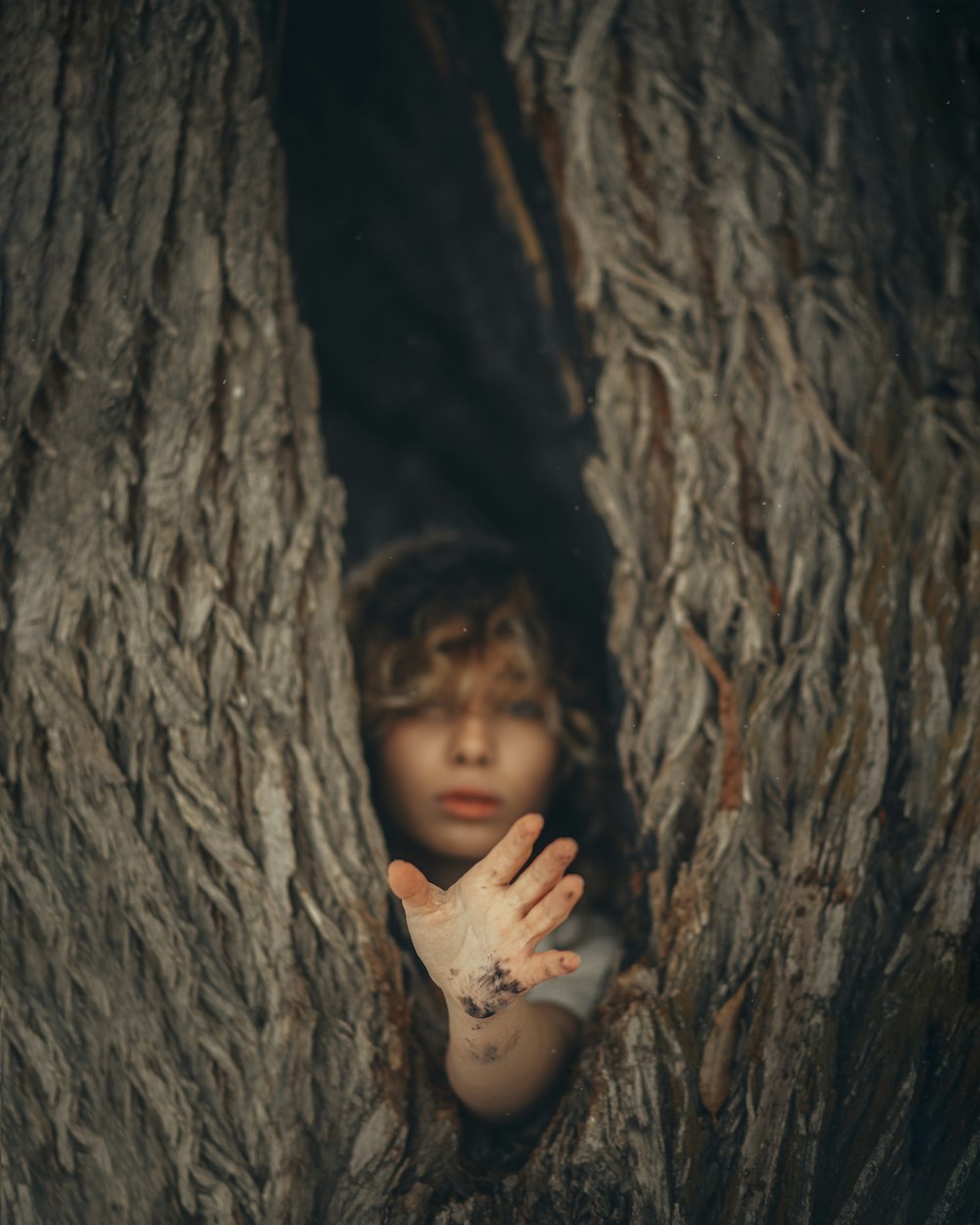 a person hiding behind a tree trunk