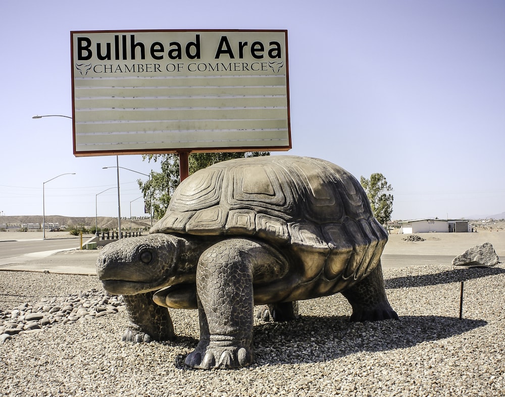 a statue of a turtle under a sign