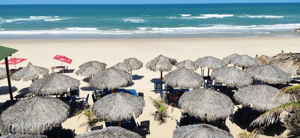 un tas de parasols qui sont sur une plage