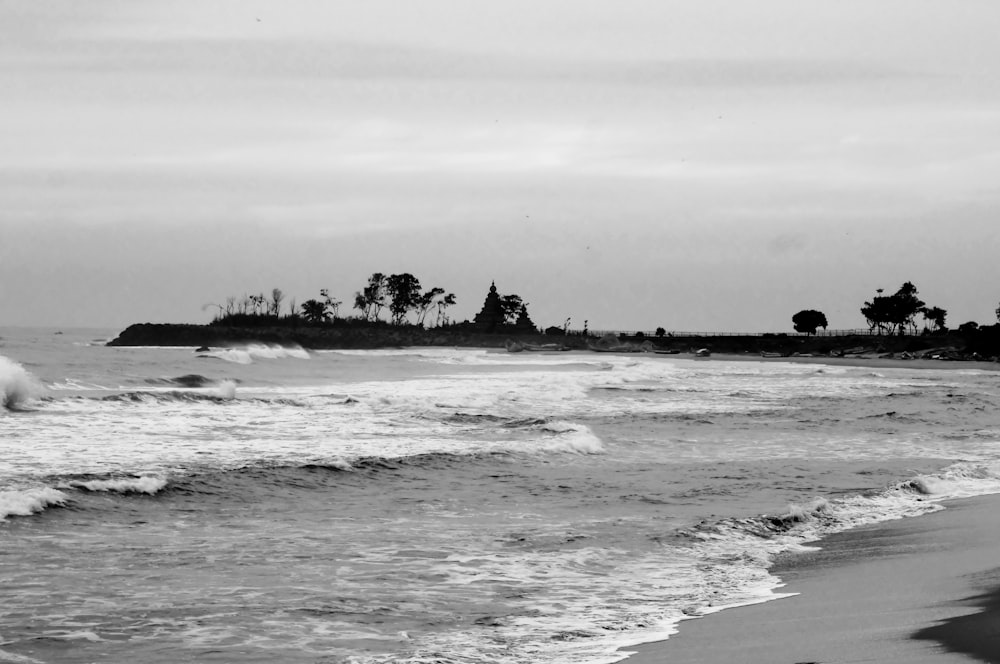 a black and white photo of a beach