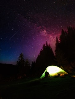 Northern lights dancing above a campsite on the Pacific coast, tents glowing warmly in the dark.