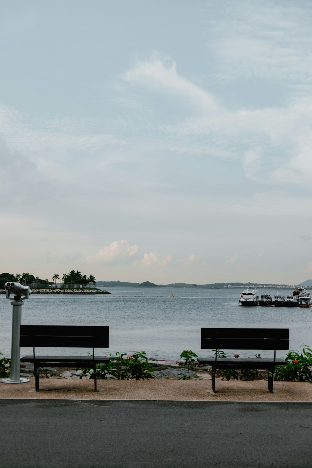 a couple of benches sitting next to a body of water