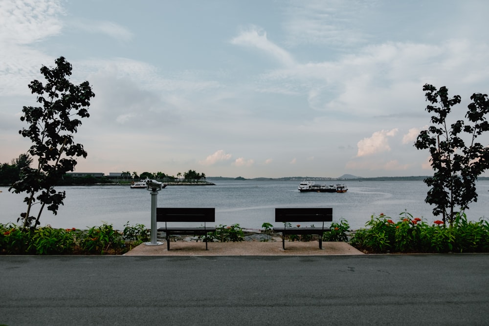 a couple of benches sitting on top of a sidewalk