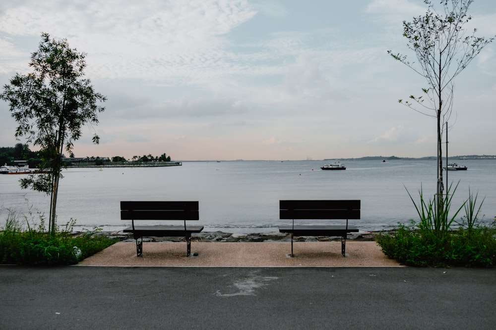 a couple of benches sitting next to a body of water