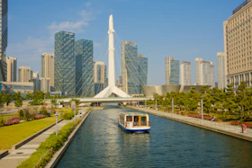 Songdo International Business District smart city skyline and Central Park canal, Incheon, South Korea
