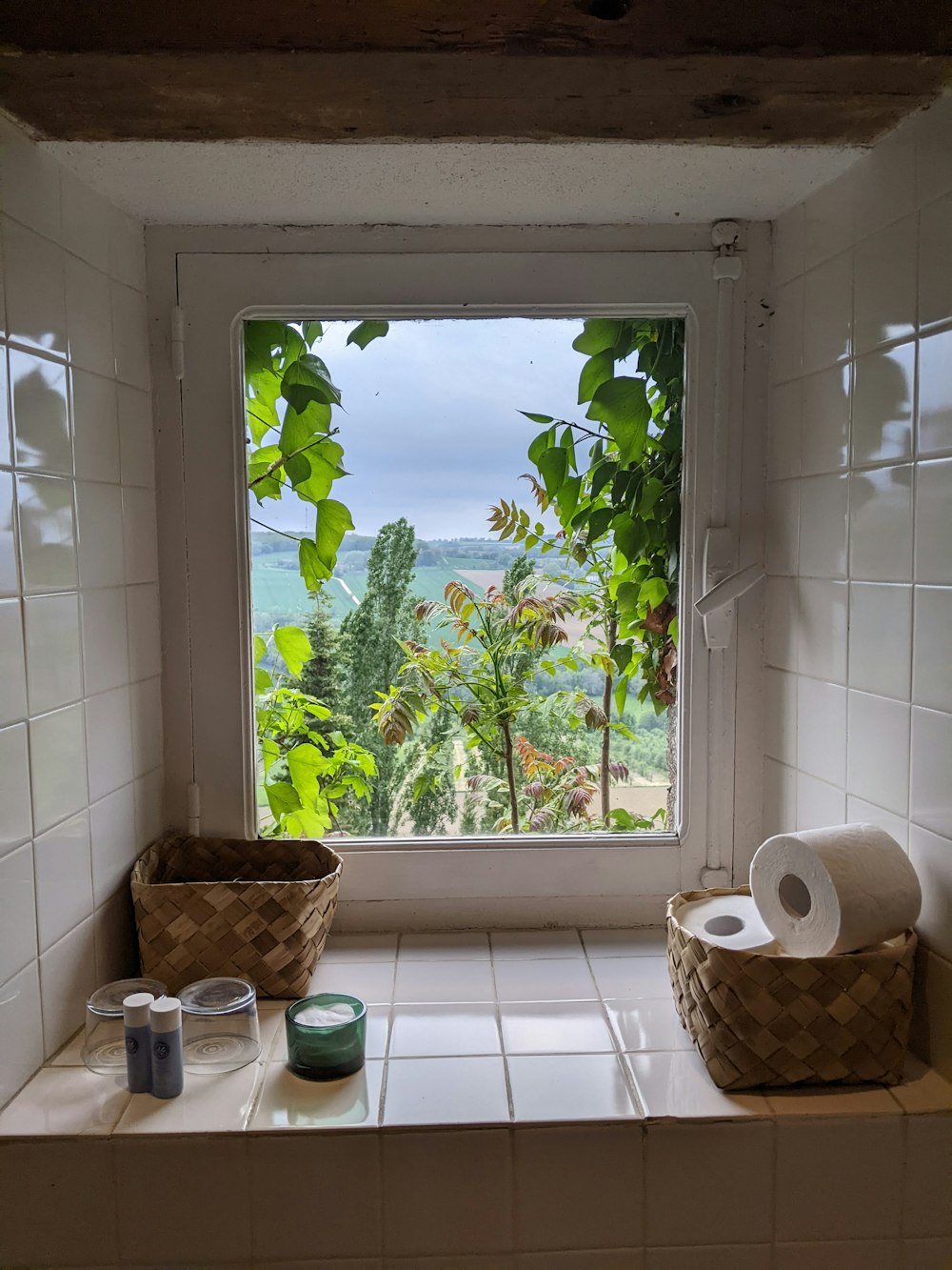 a bathroom window with a view of the ocean