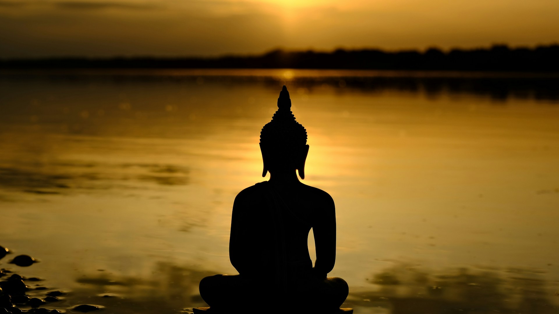 a buddha statue sitting in front of a body of water