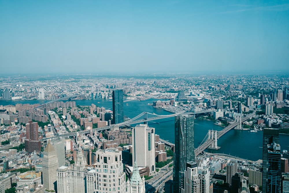 an aerial view of a city and a river