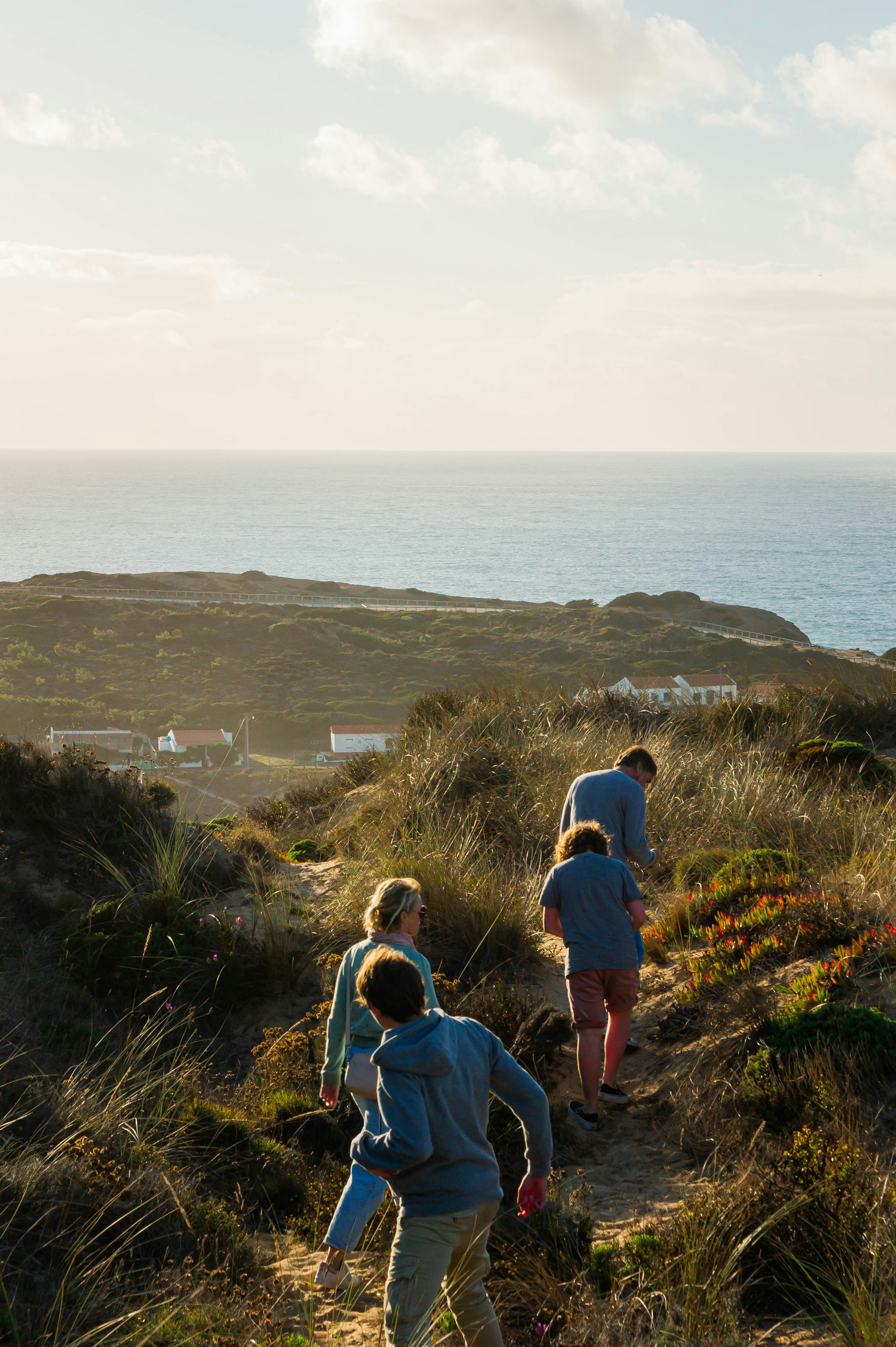 A group of seniors enjoying a peaceful coastal walk along a sun-dappled path with the ocean breeze.