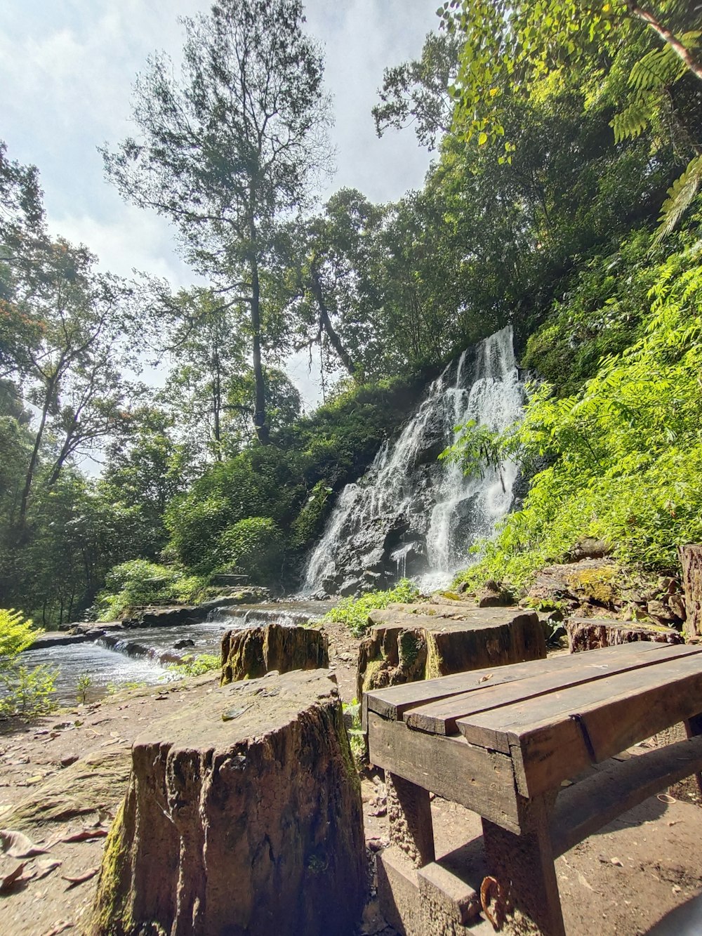 a wooden bench sitting in front of a waterfall