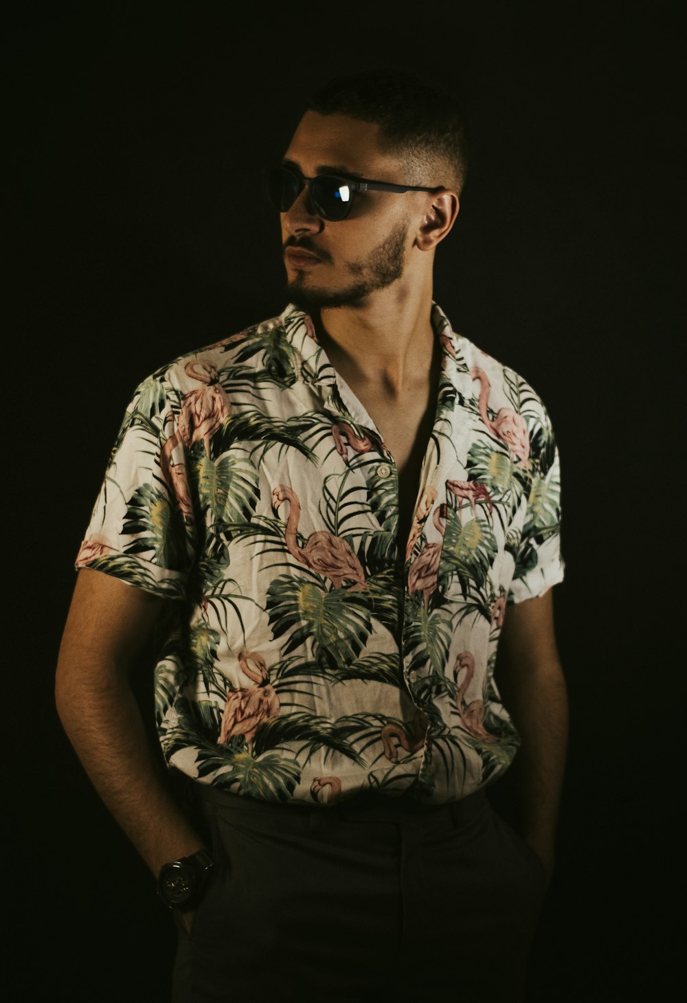 a man in a hawaiian shirt and sunglasses