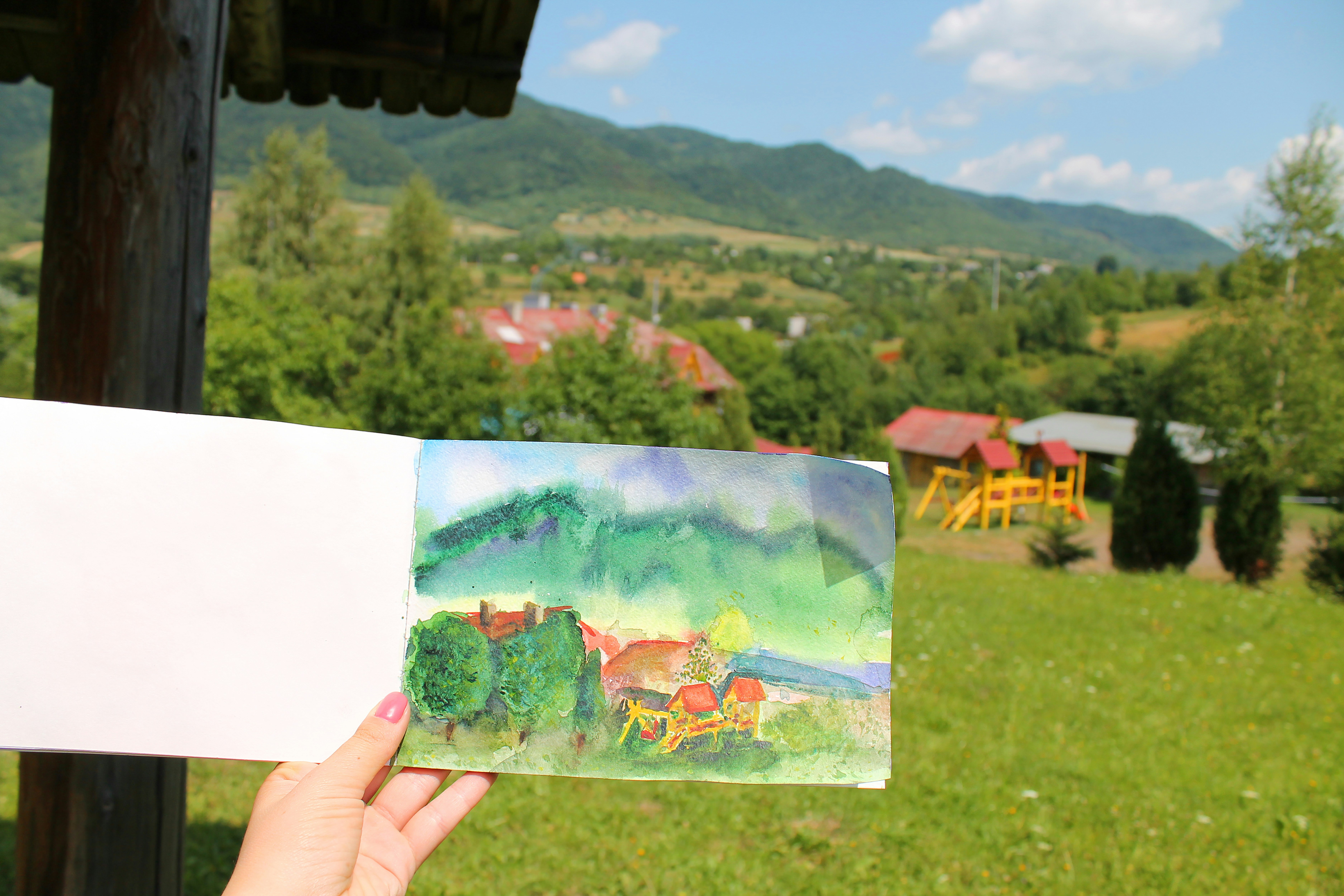 Watercolor drawing in the Carpathian Mountains