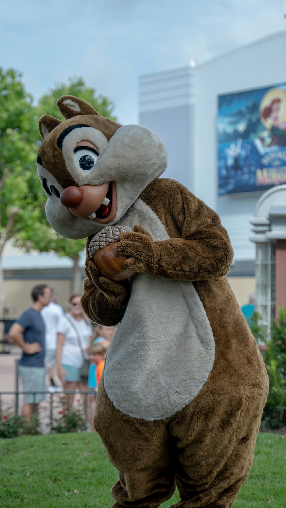a person in a squirrel costume standing in the grass