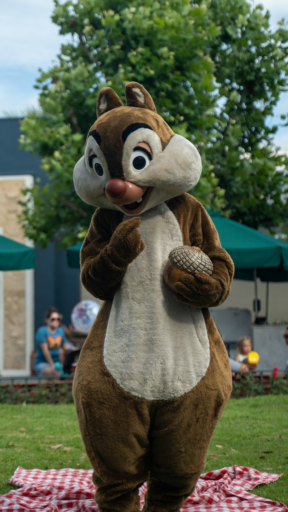 a person in a squirrel costume standing on a blanket