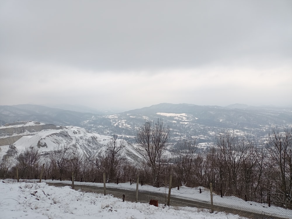 a snowy landscape with trees and mountains in the background