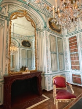 a fancy room with a fireplace and a mirror