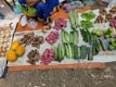A market stall displays an assortment of fresh vegetables and fruits laid out on newspaper and cloth. The selection includes papayas, yams, sweet potatoes, cucumbers, green beans, peppers, and guavas. Brassware is arranged on one side. The person selling the goods is partially visible, wearing colorful traditional clothing.