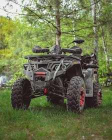 a four - wheeler is parked in the grass near a tree