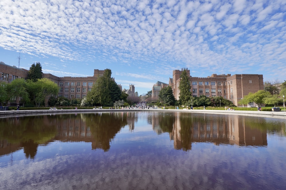 a large body of water with buildings in the background