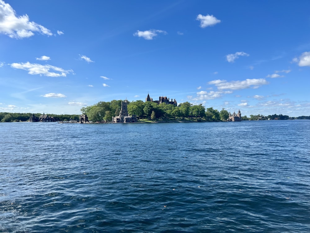 a large body of water with a castle in the background