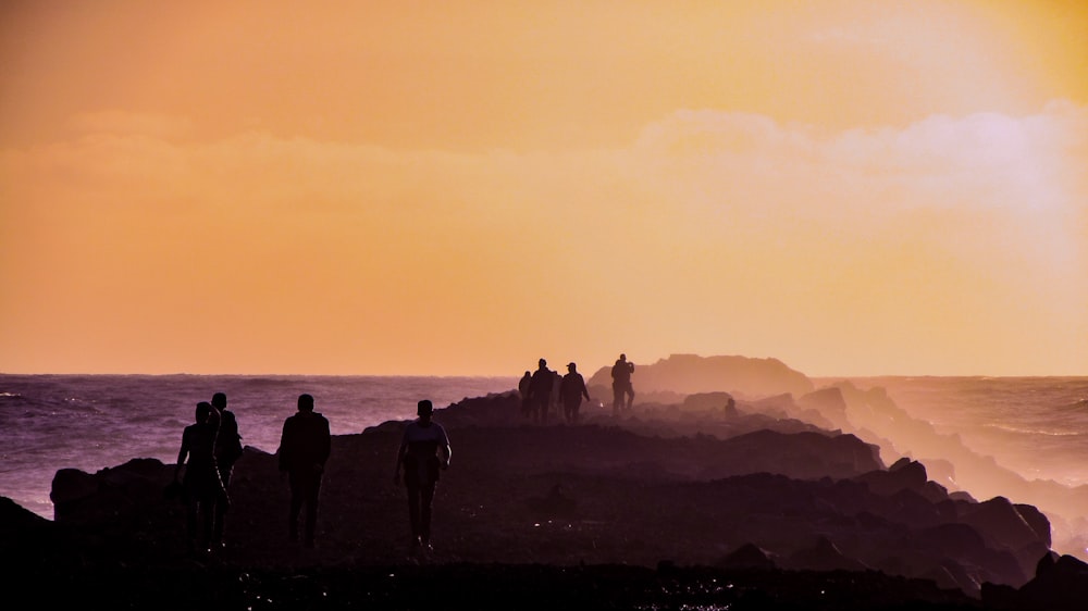 a group of people standing on top of a rocky beach