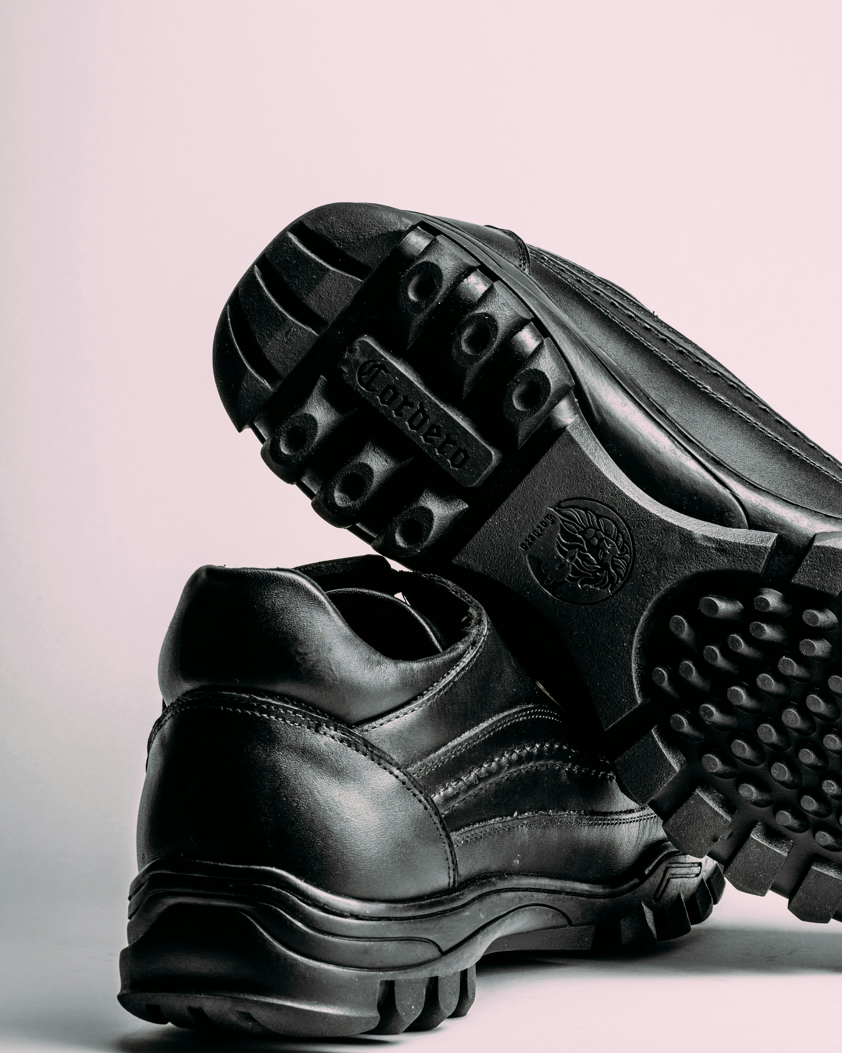 a pair of black shoes on a white background
