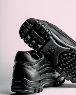 a pair of black shoes on a white background