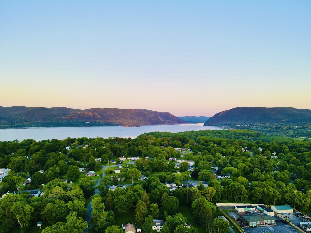 an aerial view of a lake surrounded by trees