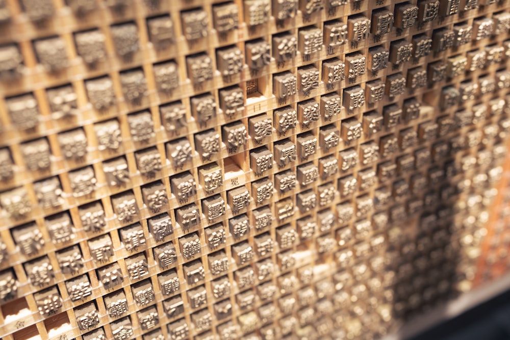 a close up of a wall made of wooden blocks