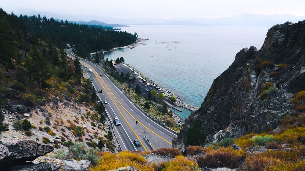 a view of a highway going into the ocean